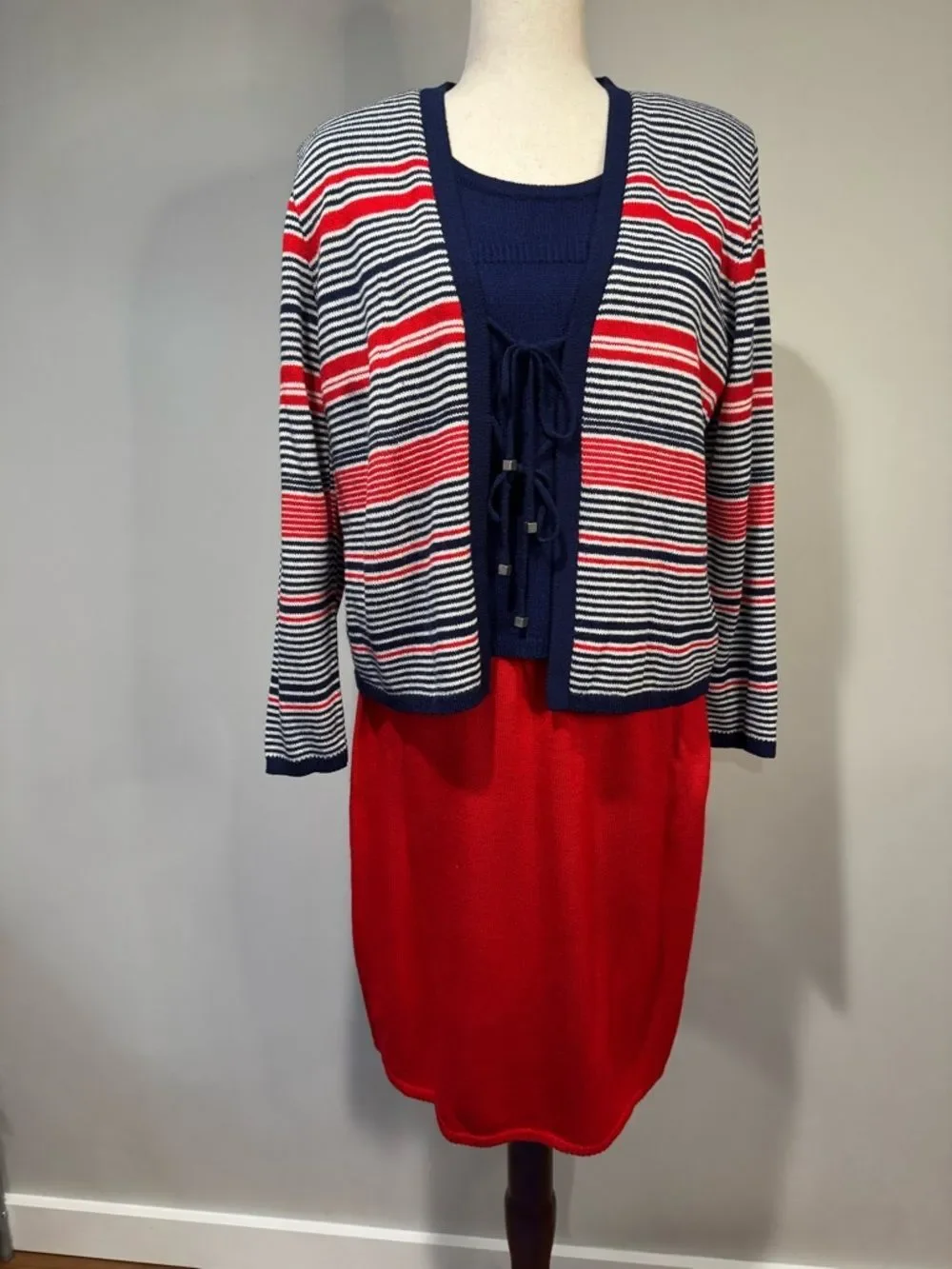 San Remo Vintage Knit Skirt Set Red Navy Striped Cardigan & Shell Petite S/M